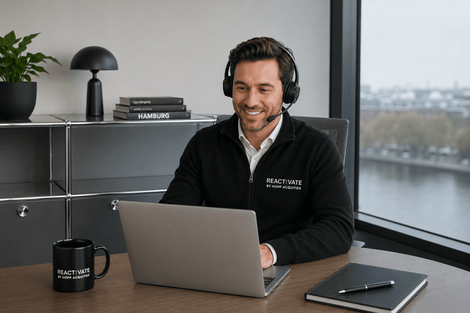Geschulter Vertriebsexperte von HOPP ACQU!TIES mit Headset im Büro